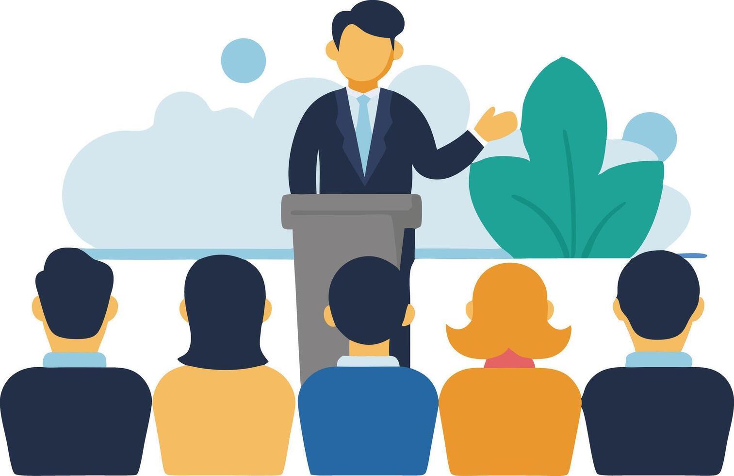 A speaker presents at a podium while an engaged audience listens attentively vector
