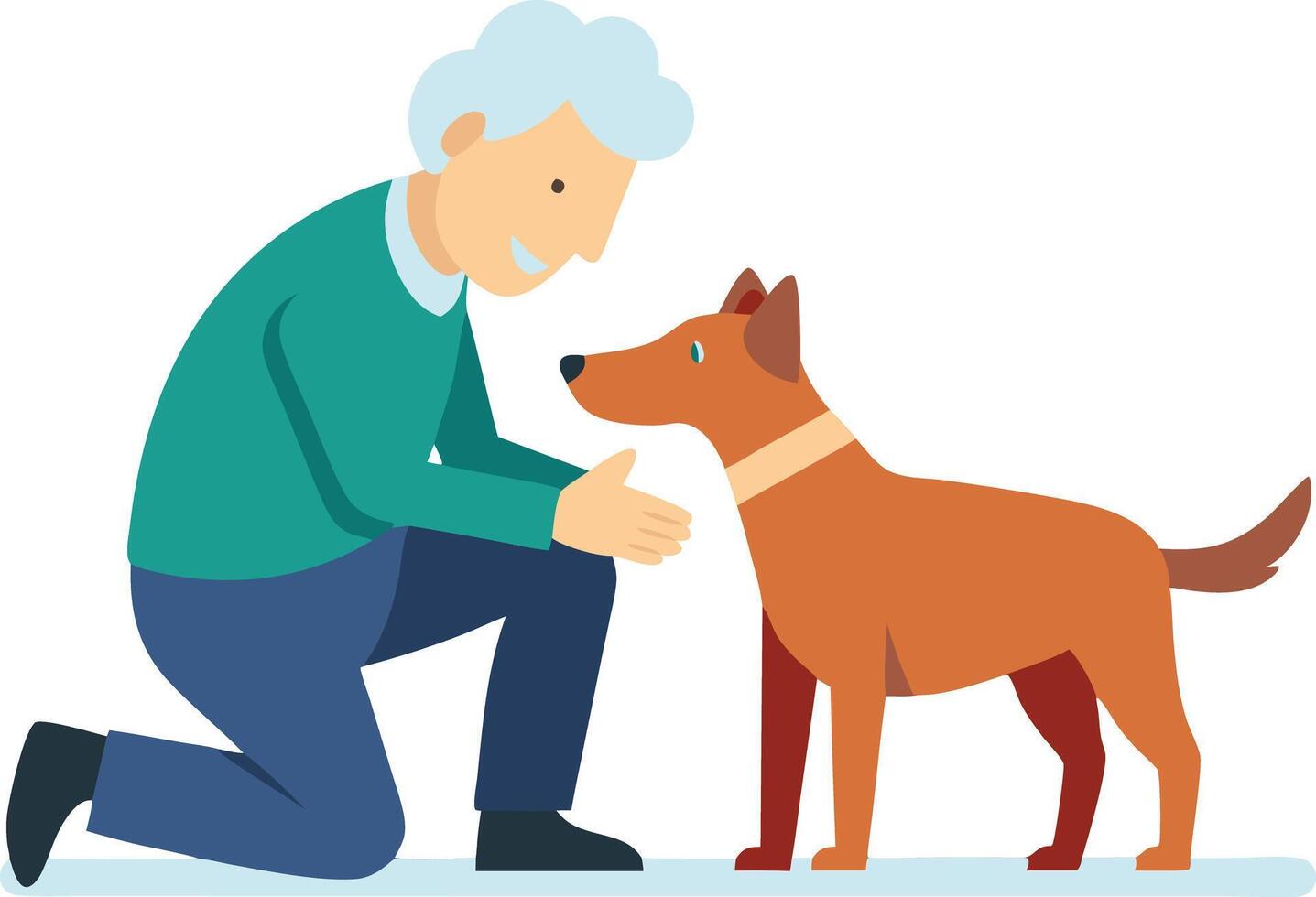 A senior man kneels to pet his happy dog vector