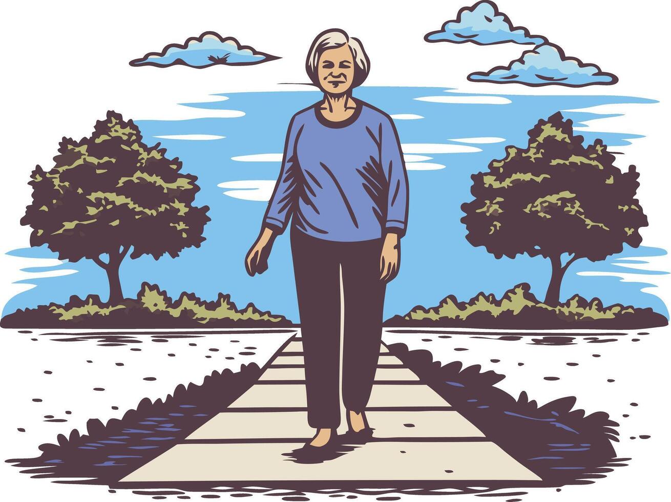 Woman walking in park surrounded by trees and blue sky vector