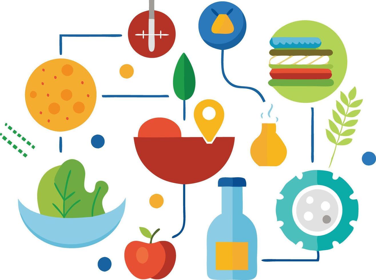 illustration of food production processes with various ingredients, environmental elements, and icons representing sustainability vector