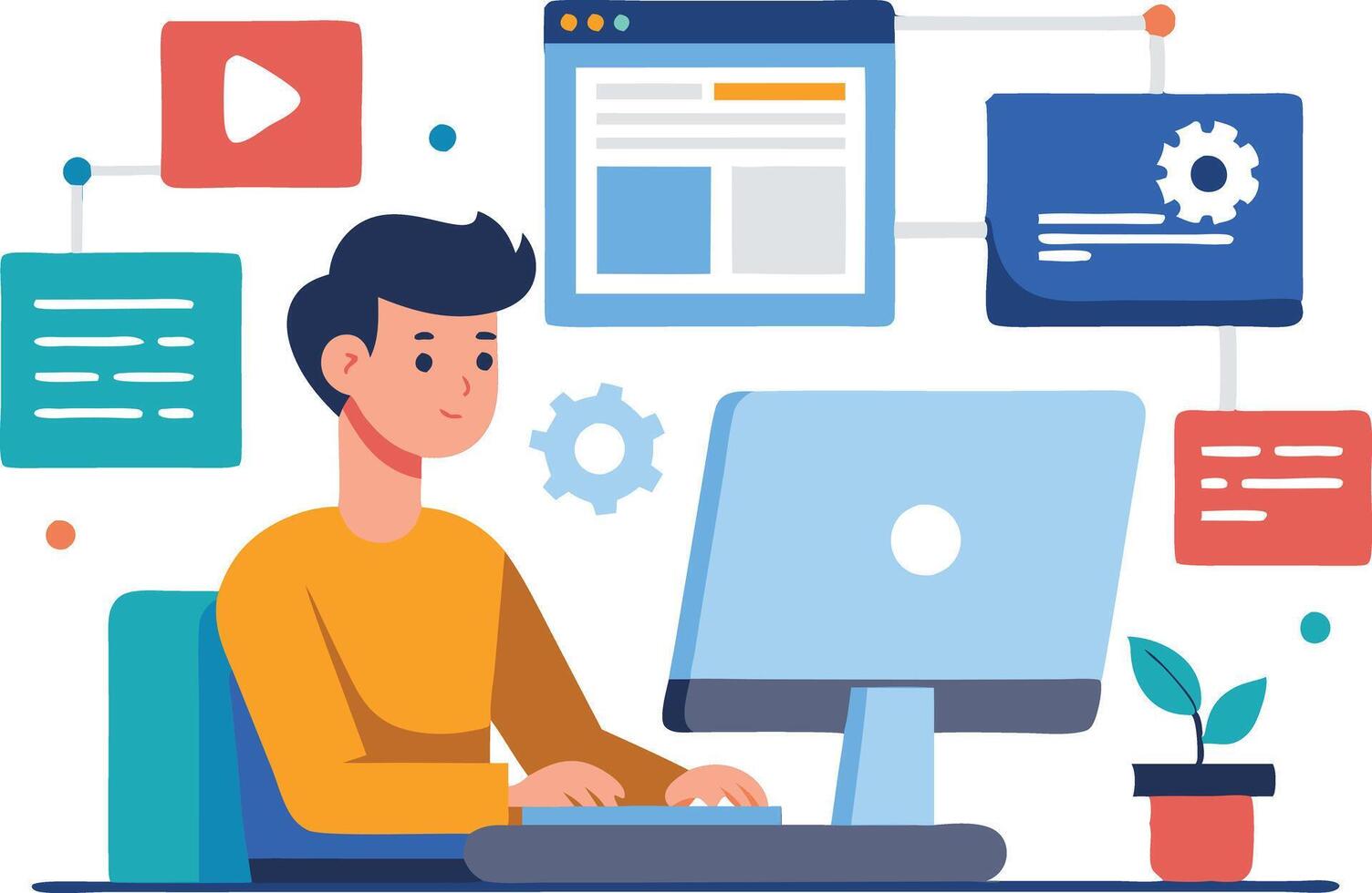 A person working on a computer with digital elements and tools vector