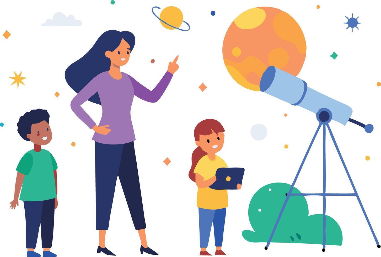 A family enjoying stargazing activity with a telescope under a clear night sky vector