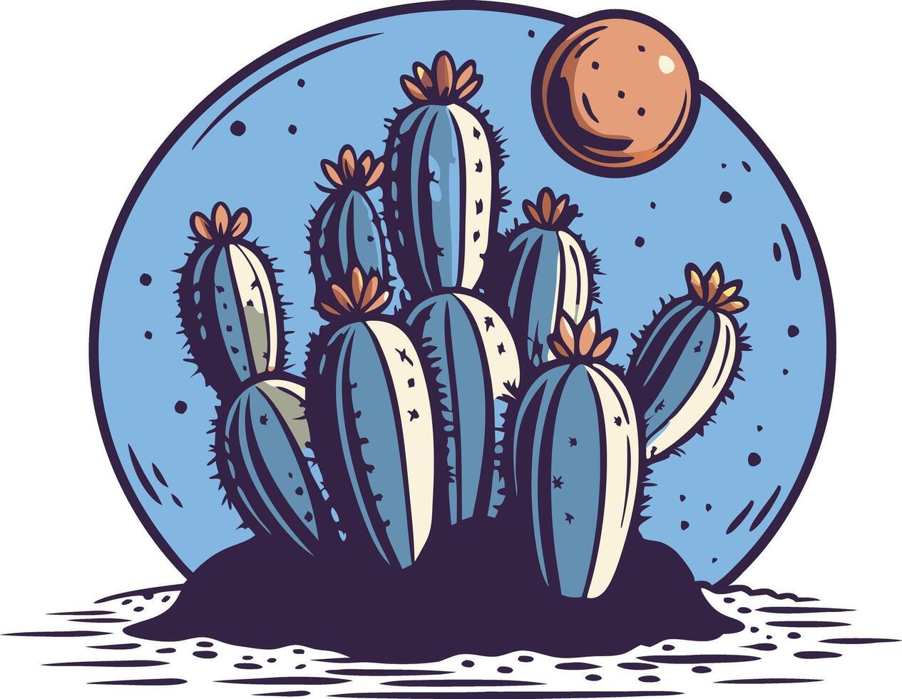 illustration of a clustered cactus under a moonlit sky with a background of a clear blue circle vector