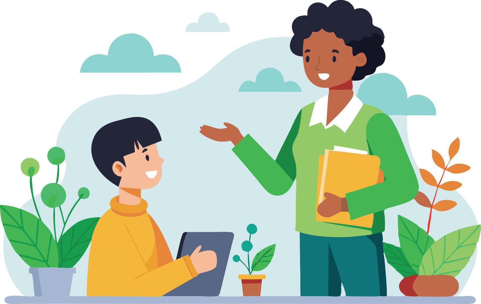 Two people engaged in a conversation about plants vector