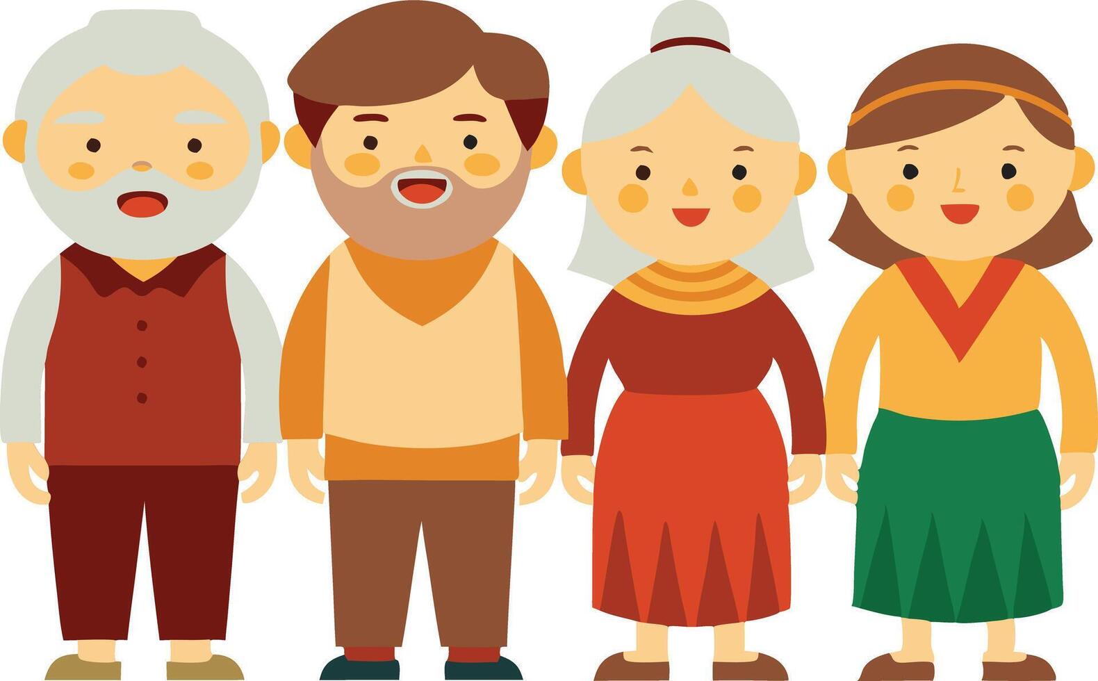 Cheerful group of four diverse elderly characters standing together in casual attire. vector