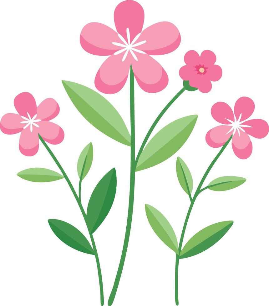 Colorful illustration of three pink flowers blooming with green leaves vector