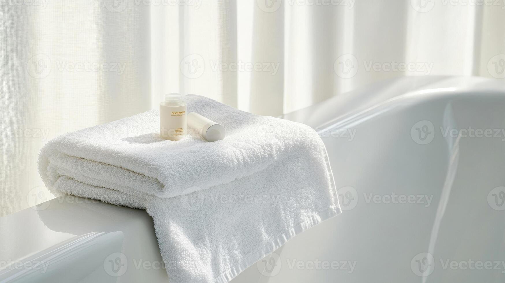 White Towel and Cream on Bathtub Edge Against Pristine Background photo