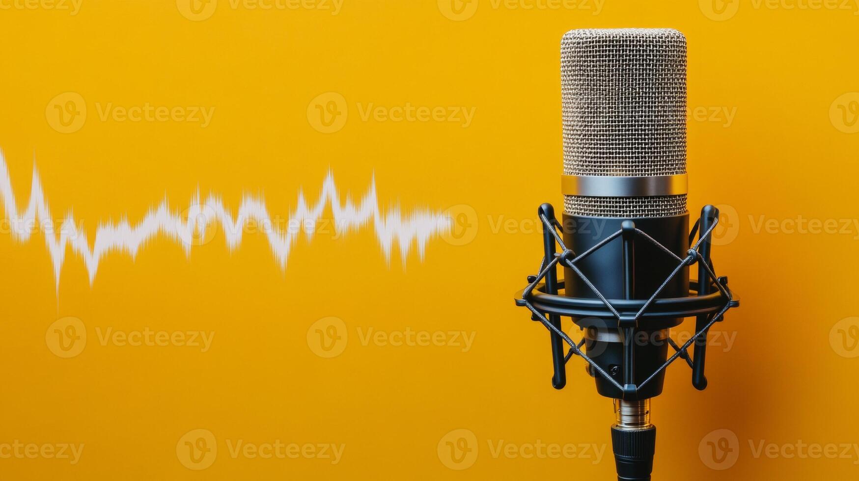 Condenser Microphone on Yellow Background with Sound Wave Graphic photo