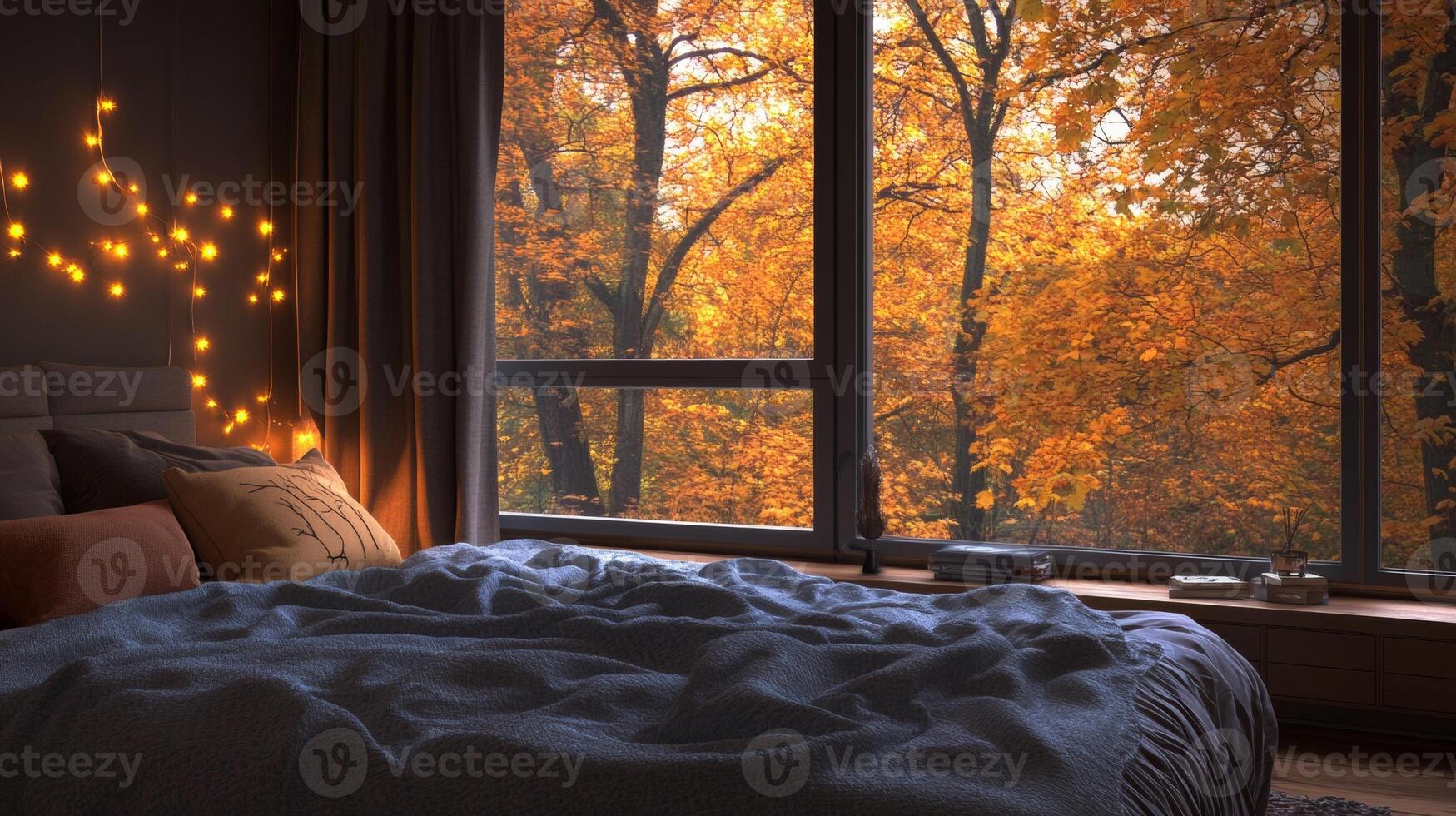 Cozy Bedroom with Warm Bedding, Fairy Lights, and Autumn View photo