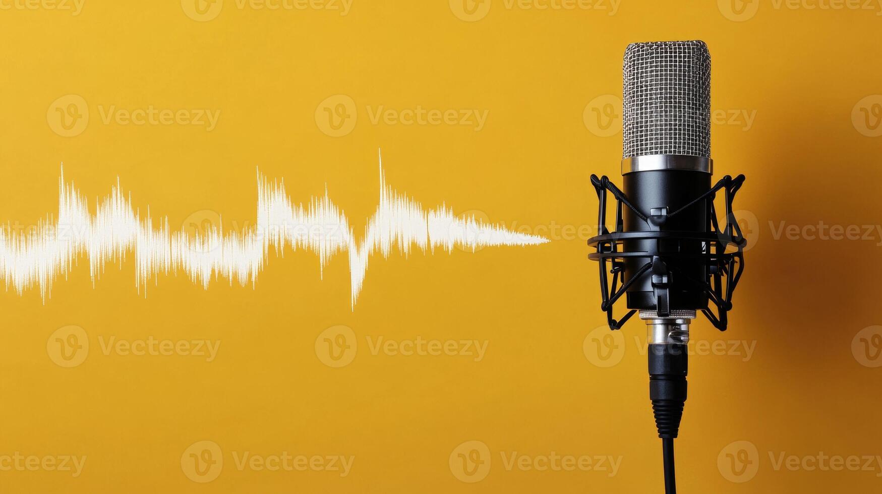 Condenser Microphone on Yellow Background with Sound Wave Graphic photo
