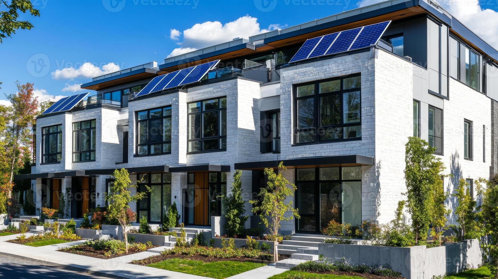Modern White Stone Townhouses with Solar Panels and Large Windows photo