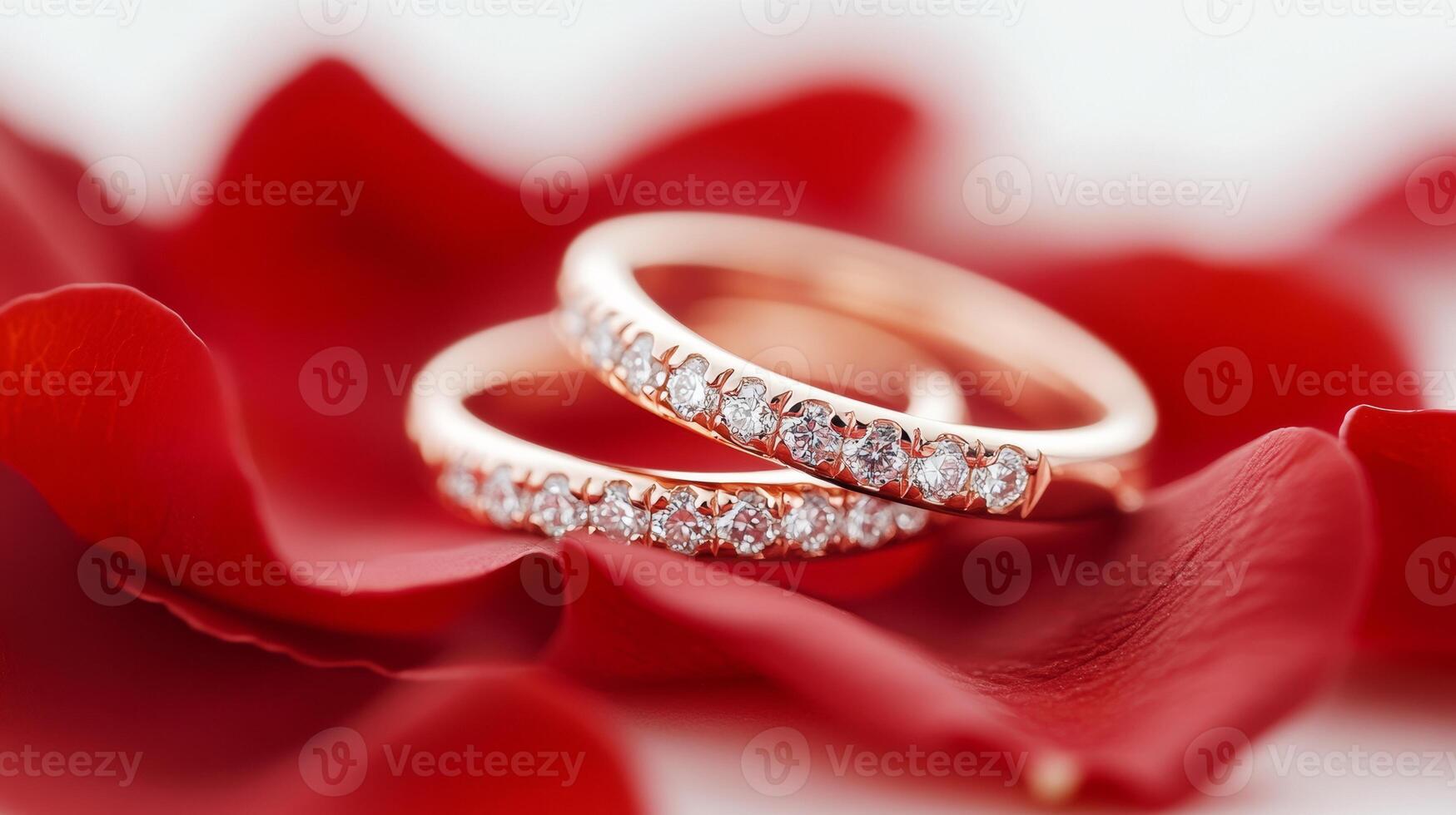 Rose Gold Wedding Rings with Diamonds on Red Rose Petals photo
