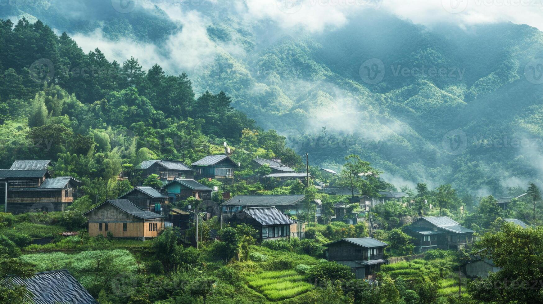 Mountain Village with Homes Connected by Wireless Signals Amidst Lush Greenery photo