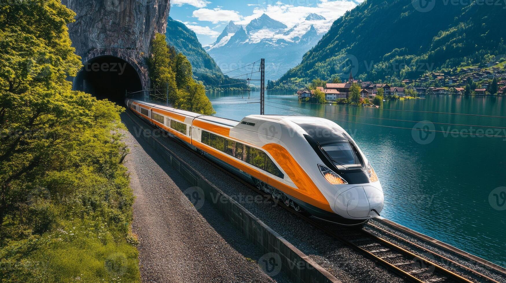 High-Speed Train Emerging from Tunnel Amidst Lush Mountains and Tranquil Waters photo