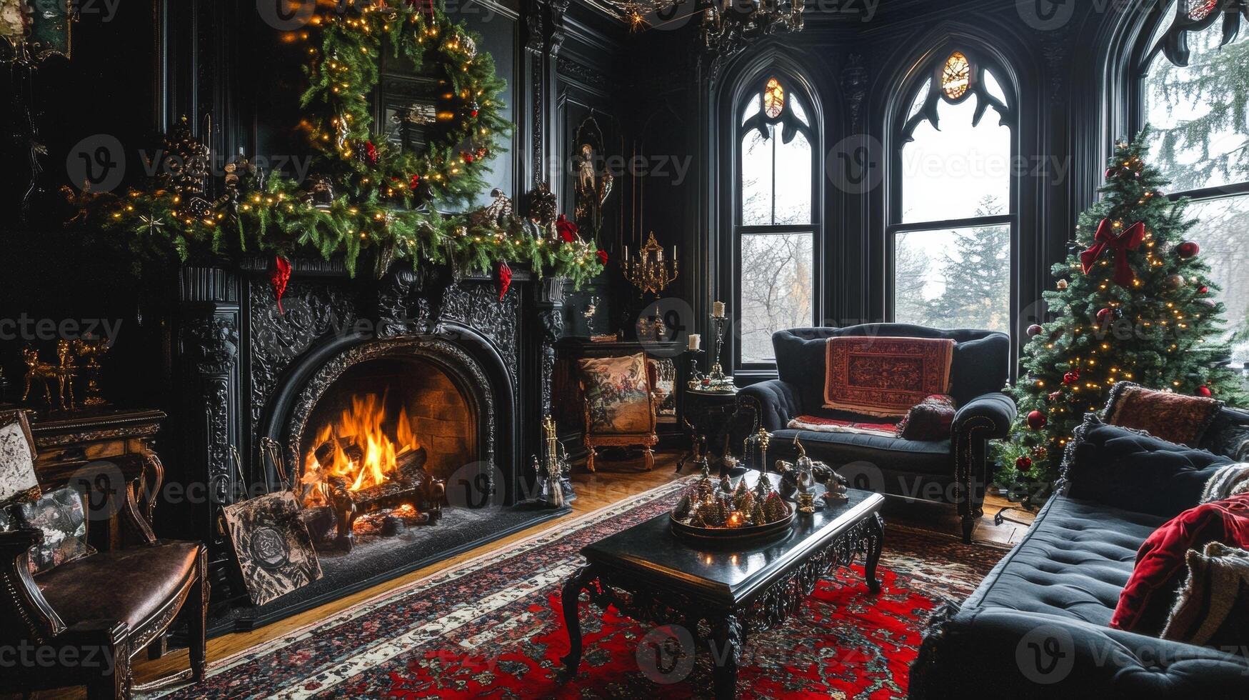 Victorian Gothic Living Room with Festive Fireplace and Black Walls photo