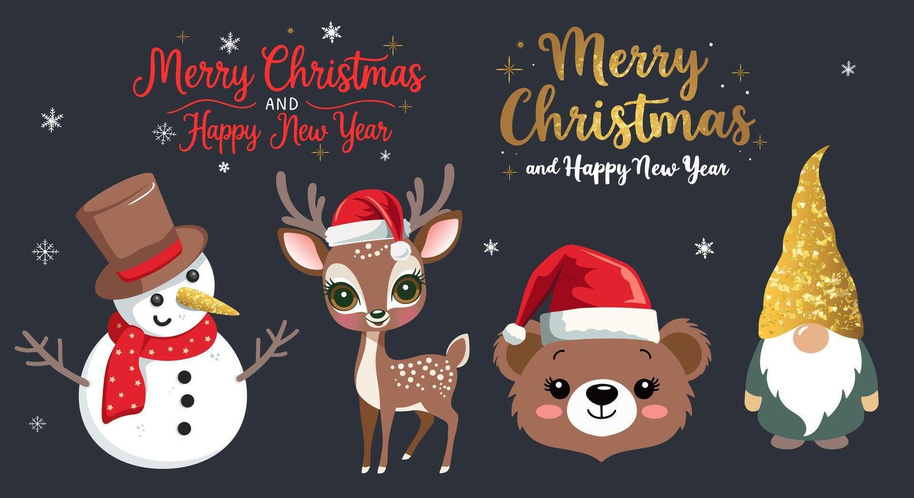 Merry Christmas set with deer, lettering, snowman, bear. Winter characters set. For banner, card, package. vector