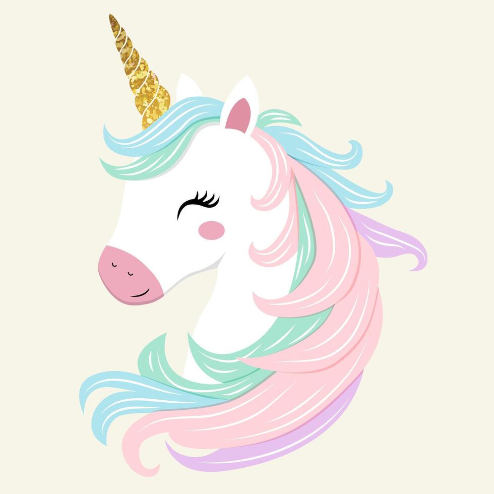 Unicorn with golden horn in pastel colors. Unicorn sticker. Gentle childish illustration vector