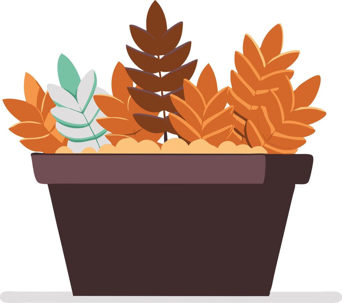 A potted plant displaying a mix of brown and green leaves, highlighting its varied health and vitality. vector