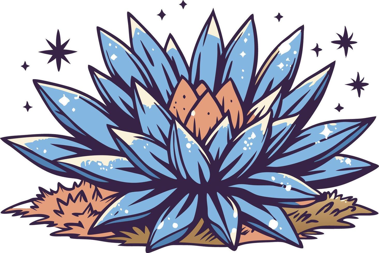 Colorful illustration of a blue agave plant surrounded by stars on a patch of land at twilight vector