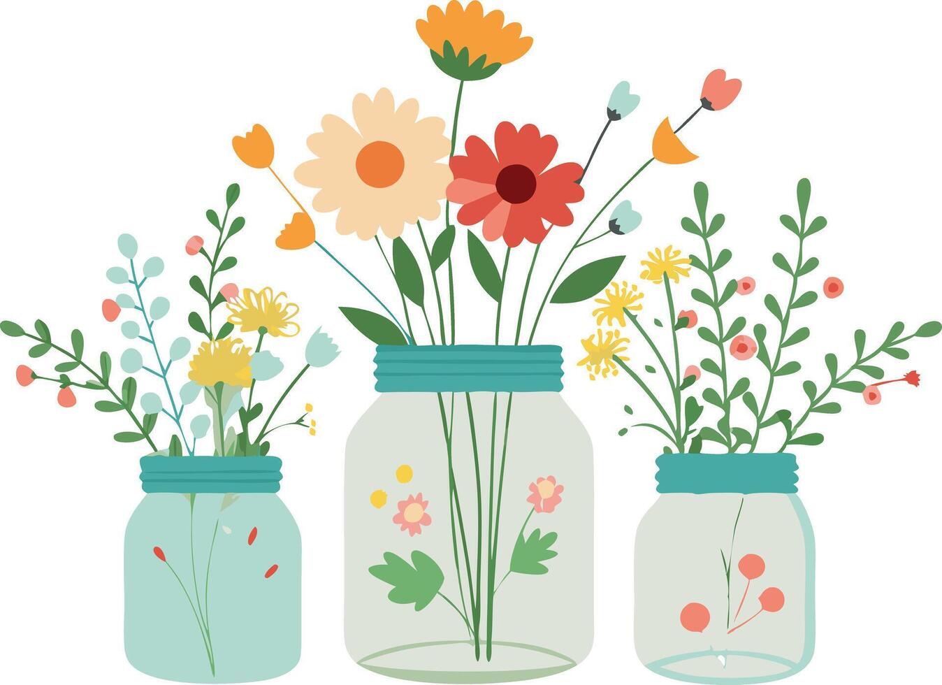 Colorful illustration of three jars filled with blooming flowers vector