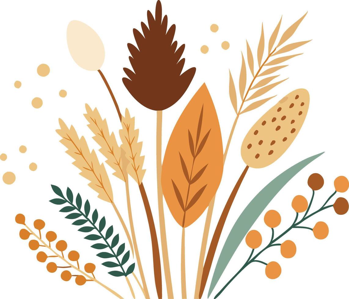illustration of autumn foliage featuring various leaves, seeds, and stems vector
