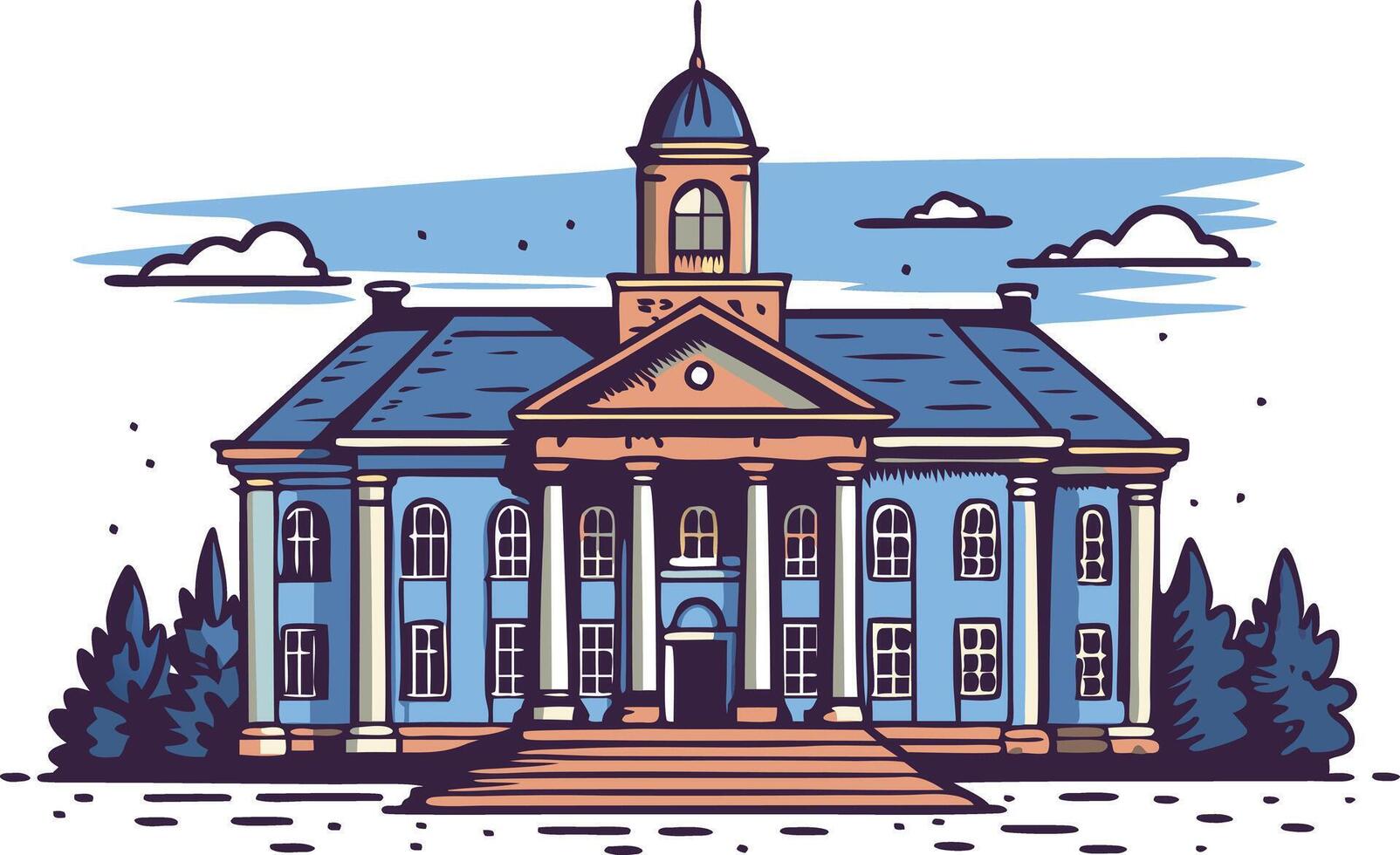 illustration of a blue historic building with a clock tower surrounded by greenery vector