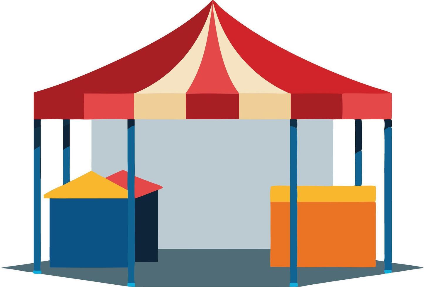 Colorful market stall with a red and white striped canopy and colorful display boxes vector