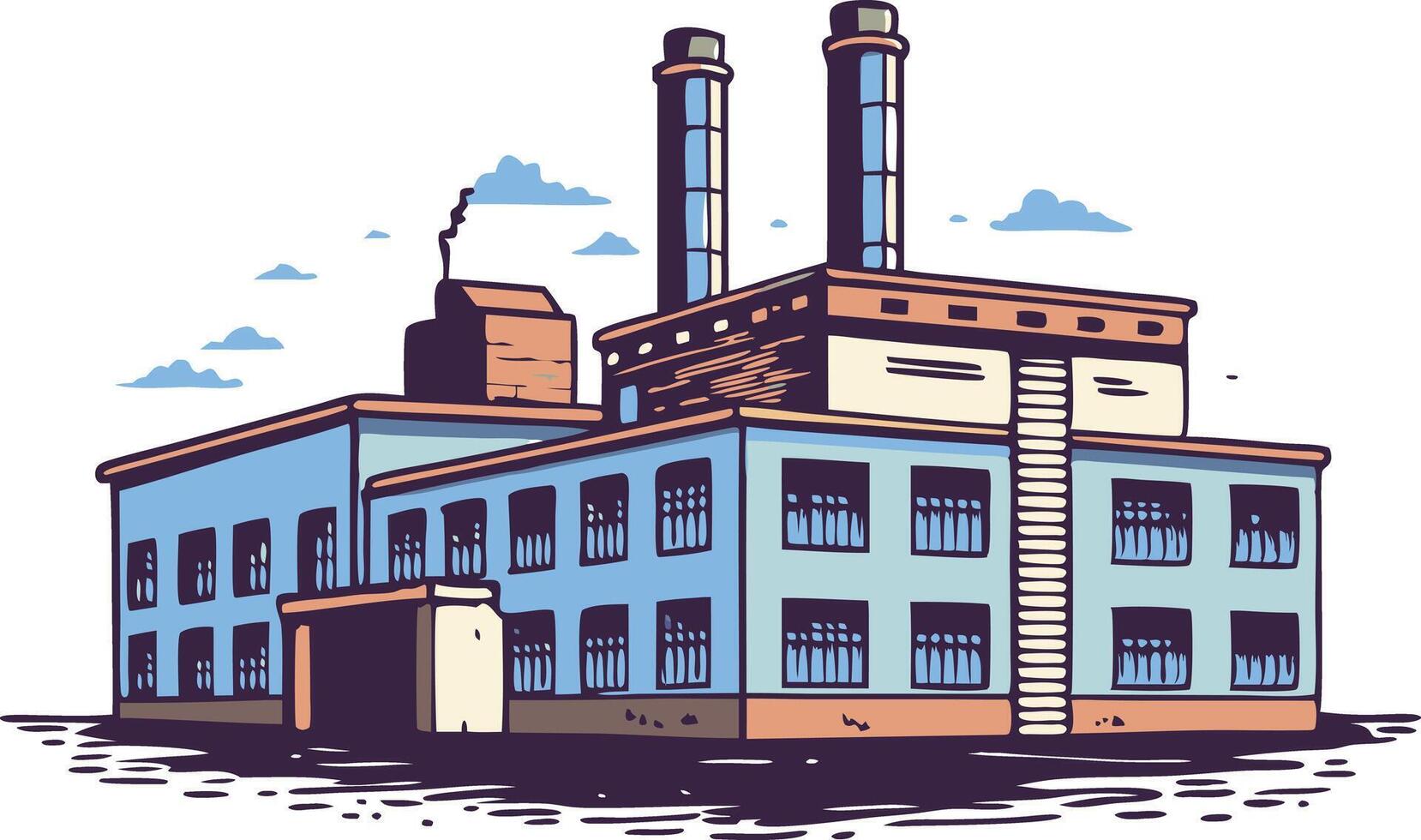 illustration of a factory with smokestacks and a clear sky during the day, depicting industrial activity and architecture vector