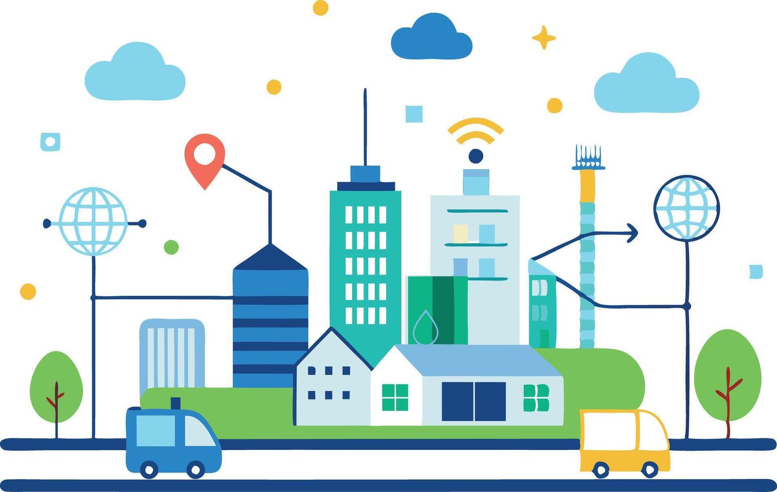 Modern urban landscape with buildings, vehicles, and digital connectivity elements in a vibrant illustration vector