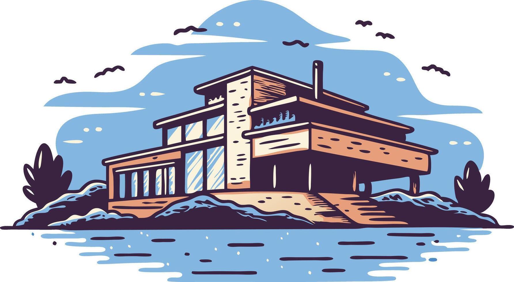 Modern architectural illustration of a house on a serene waterfront surrounded by trees vector