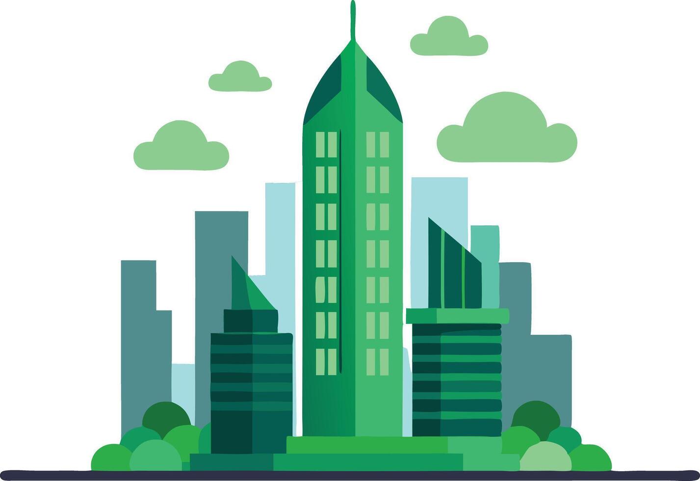 Modern illustration of a green city skyline featuring skyscrapers and clouds in a vibrant environment vector