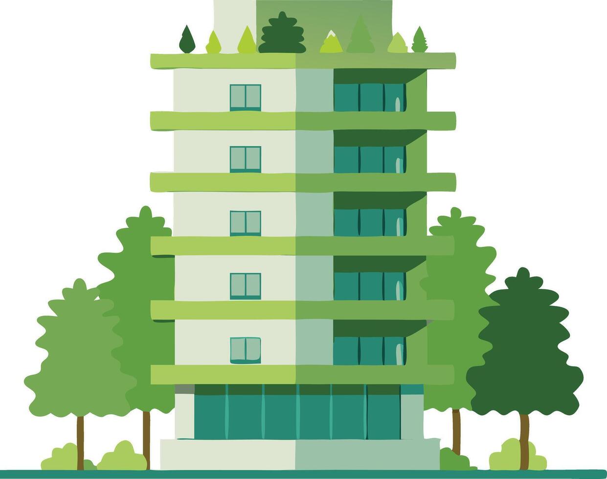 Modern eco-friendly apartment building surrounded by lush greenery and trees in a vibrant urban setting vector