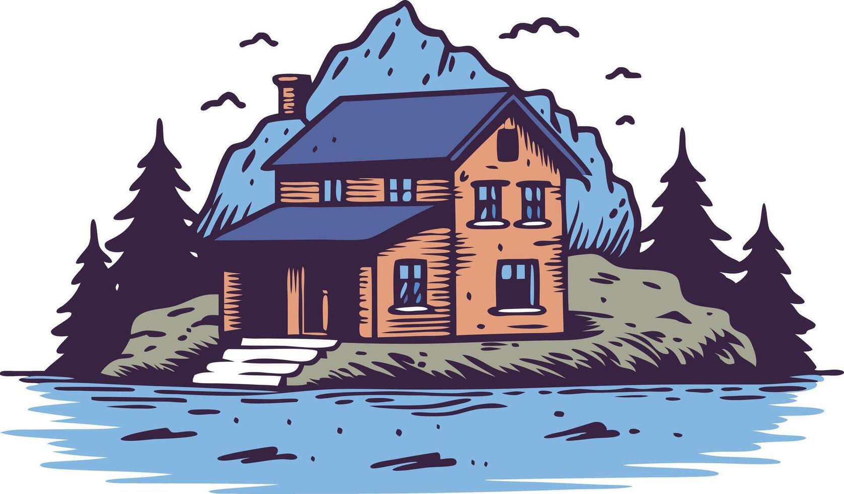 A cozy cabin beside a tranquil lake with mountains vector