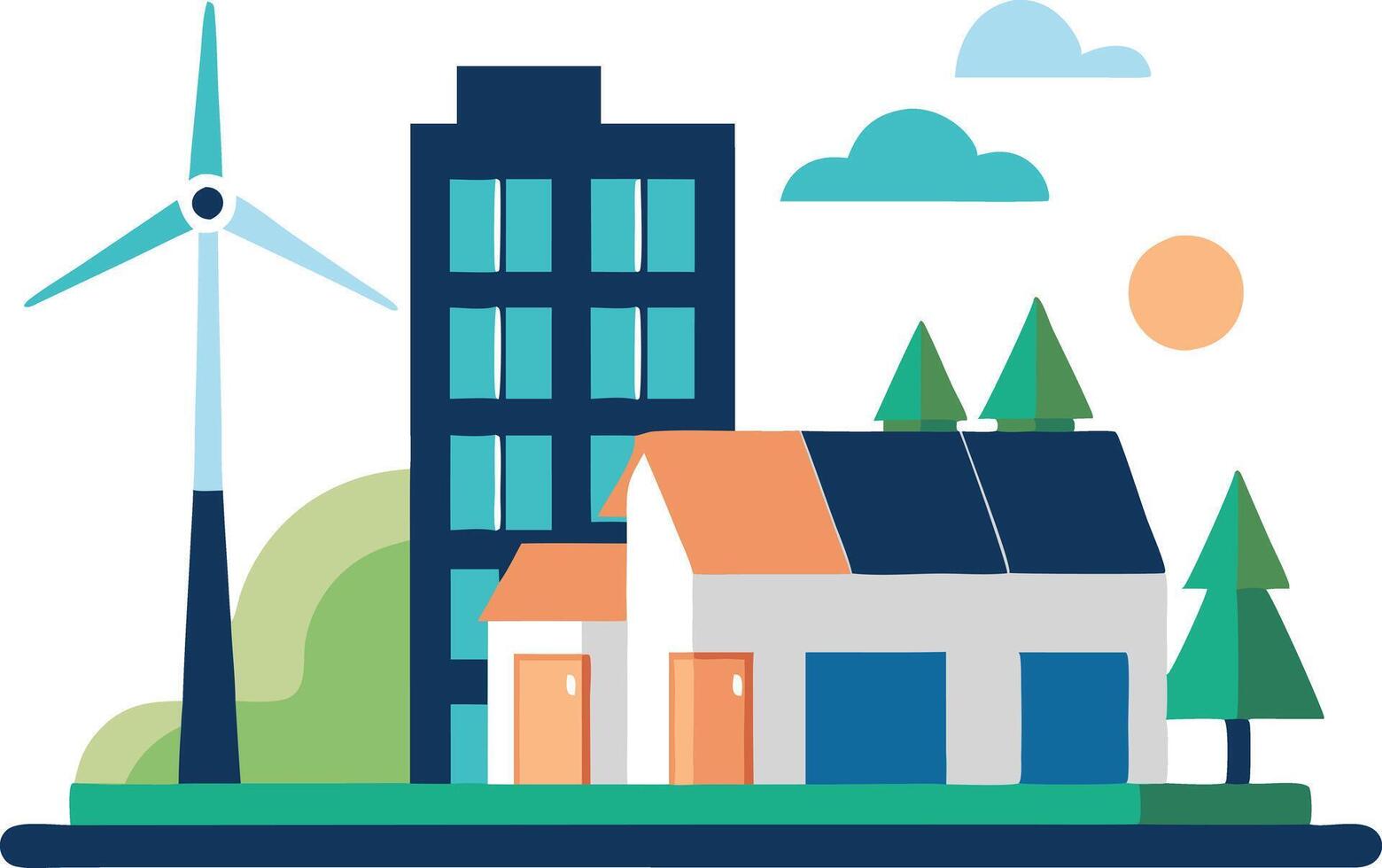 illustration of a modern cityscape featuring a wind turbine, residential building with solar panels, and greenery vector