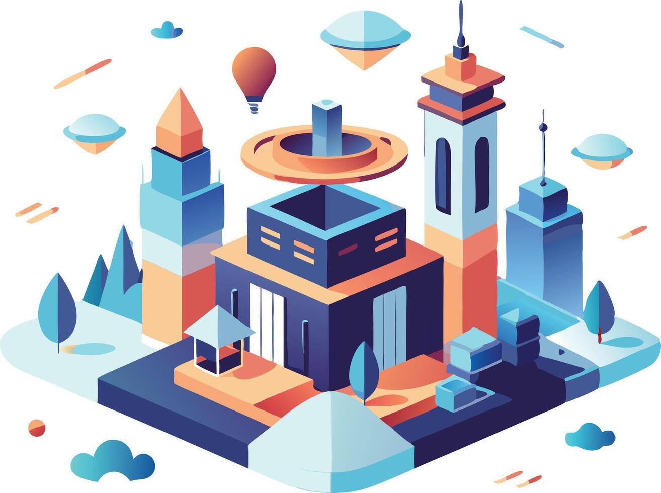 Colorful illustration of a futuristic city skyline with tall buildings, flying balloons, and clouds in a vibrant landscape vector
