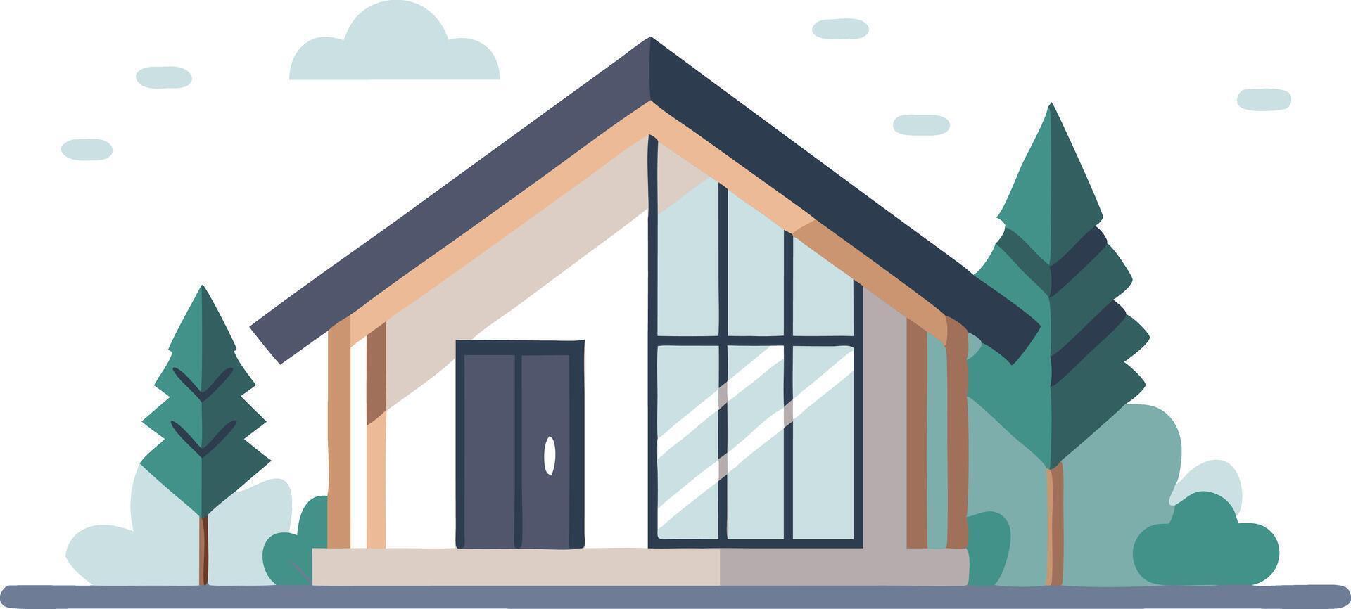 A modern illustration of a minimalist house surrounded by trees and shrubs in a tranquil landscape setting vector