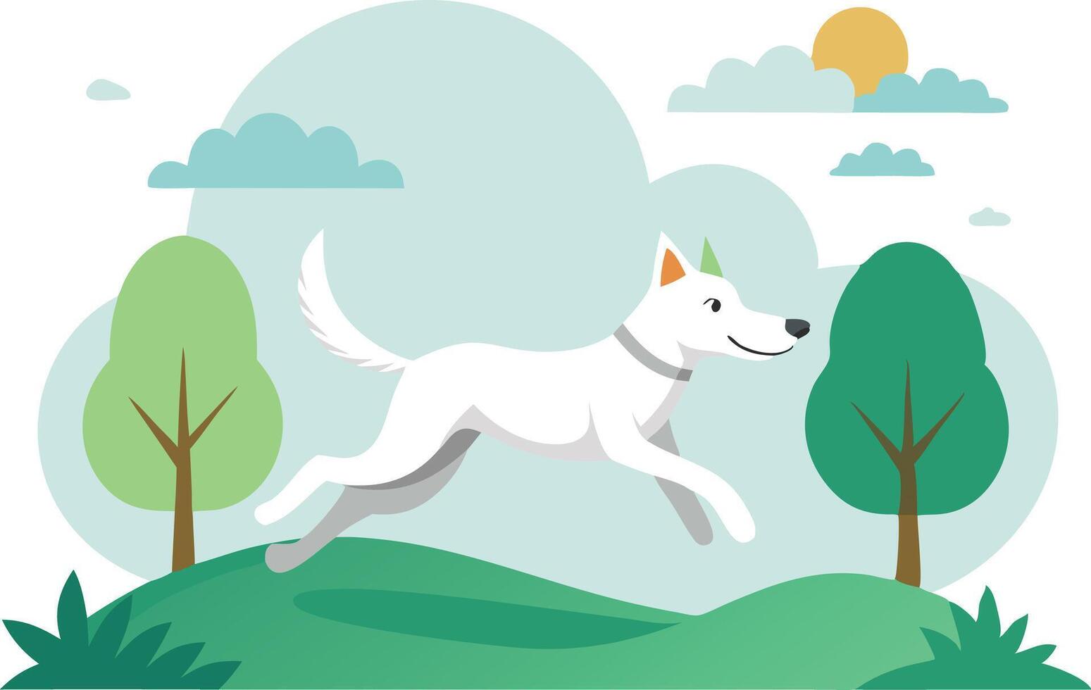 Playful White Dog Running Through Lush Green Landscape Under Blue Sky With Sunny Clouds vector