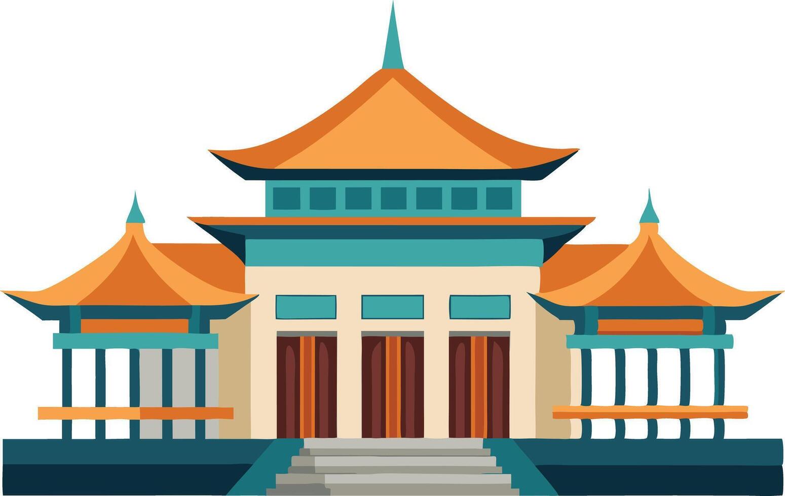 Stylized illustration of an Asian architectural temple with ornate roofs and vibrant color details vector