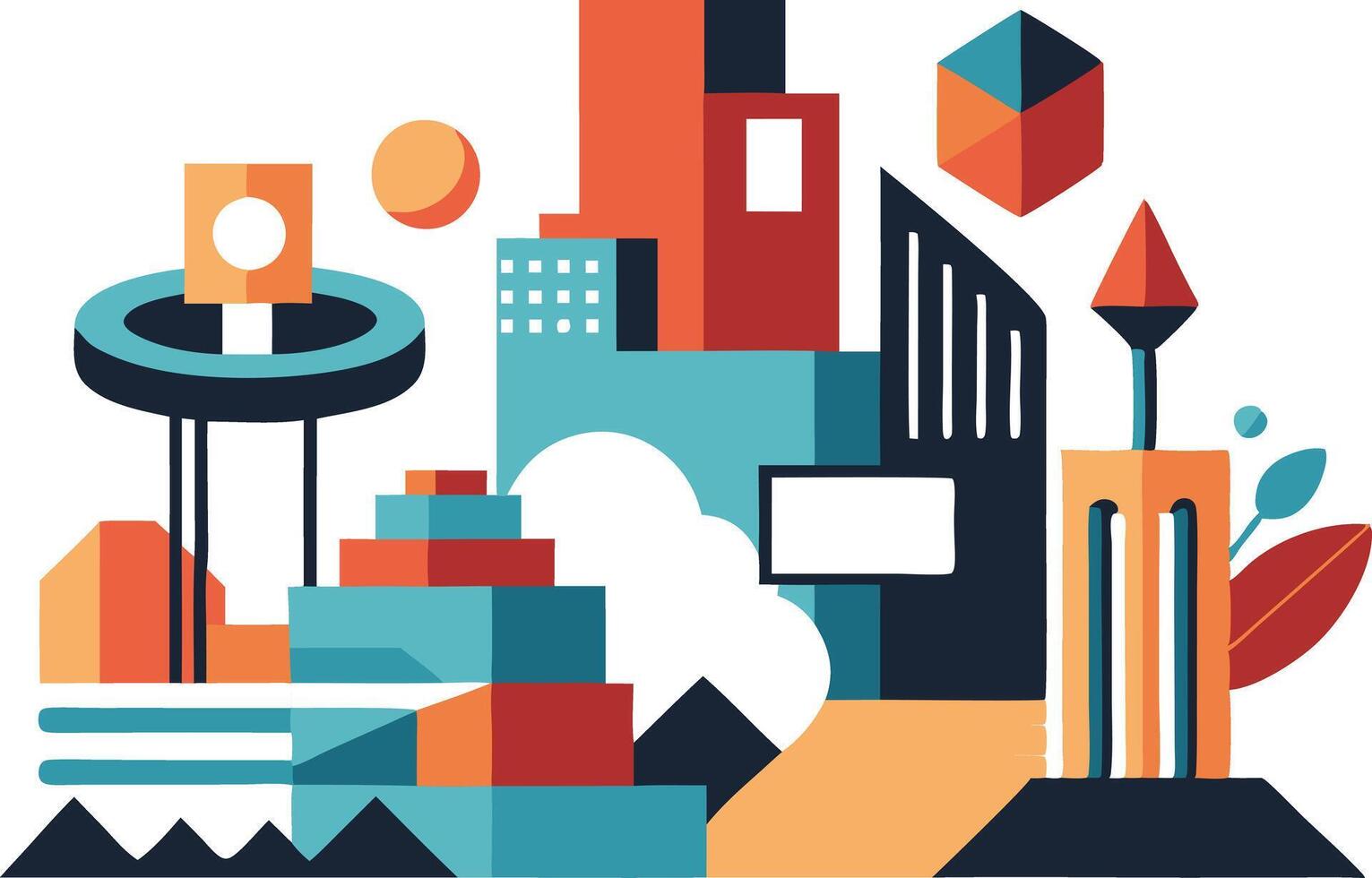 Colorful illustration of a modern city with abstract buildings and geometric shapes in a bright, playful style vector