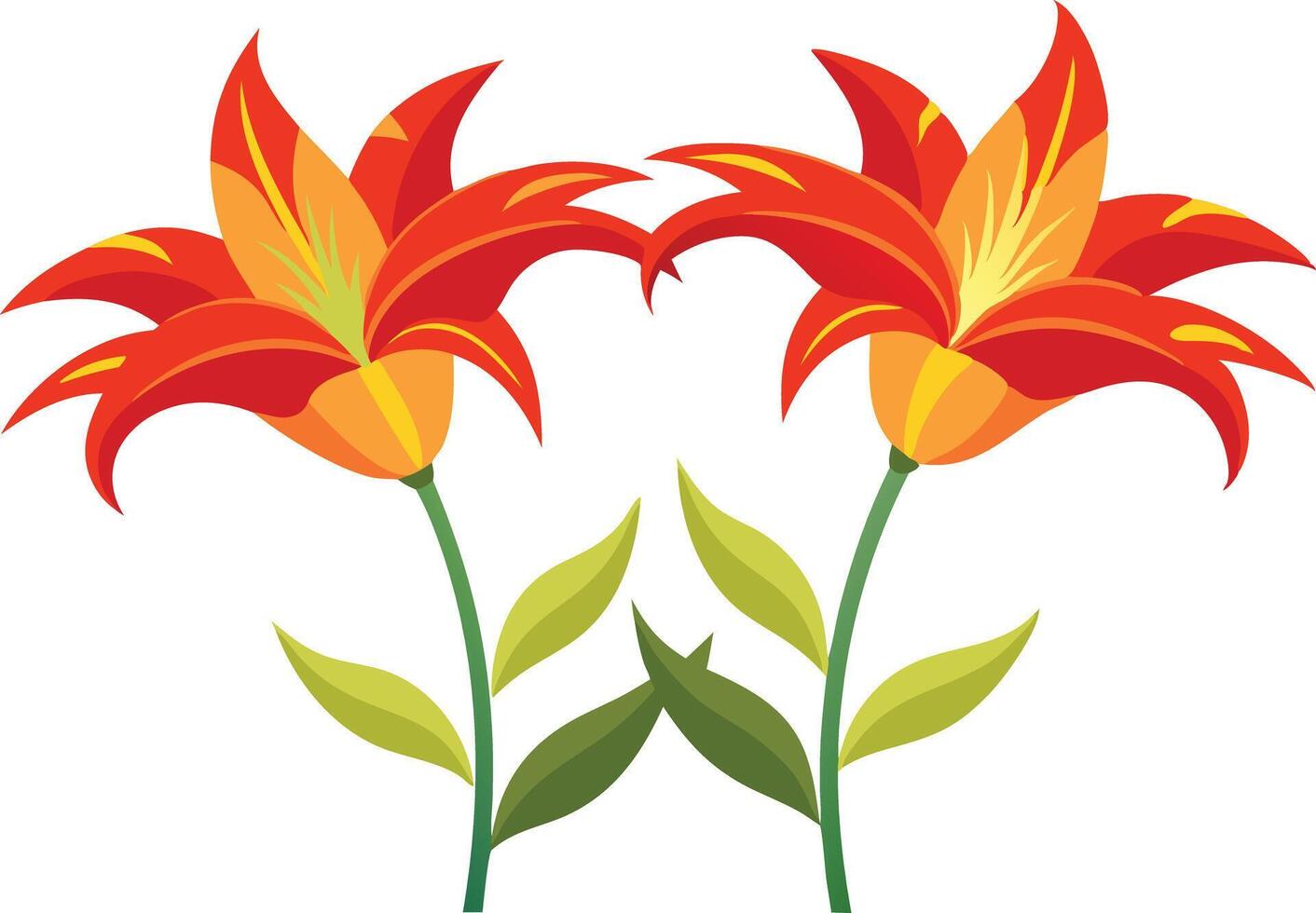 Bright red illustration of vibrant blooming flowers with green leaves vector