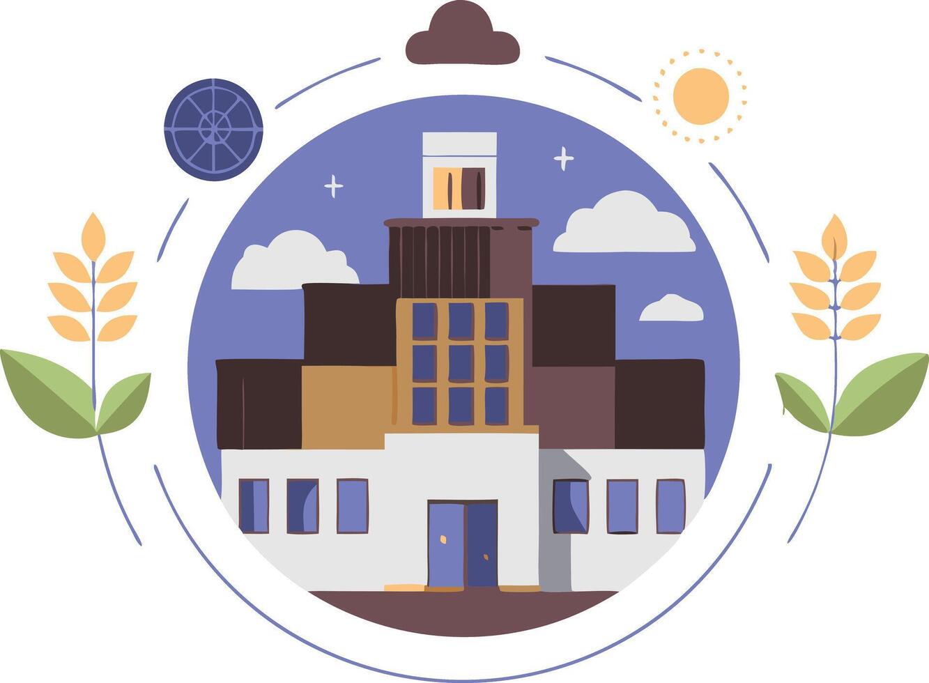 A simple illustration of a building with a blue structure. The drawing features two plants with wheat stalks on either side of the building vector