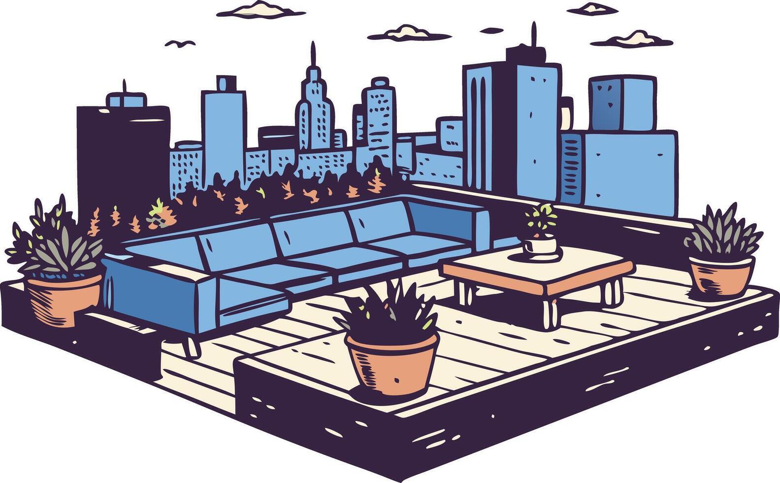 Cozy rooftop lounge with modern furniture overlooking a city skyline vector