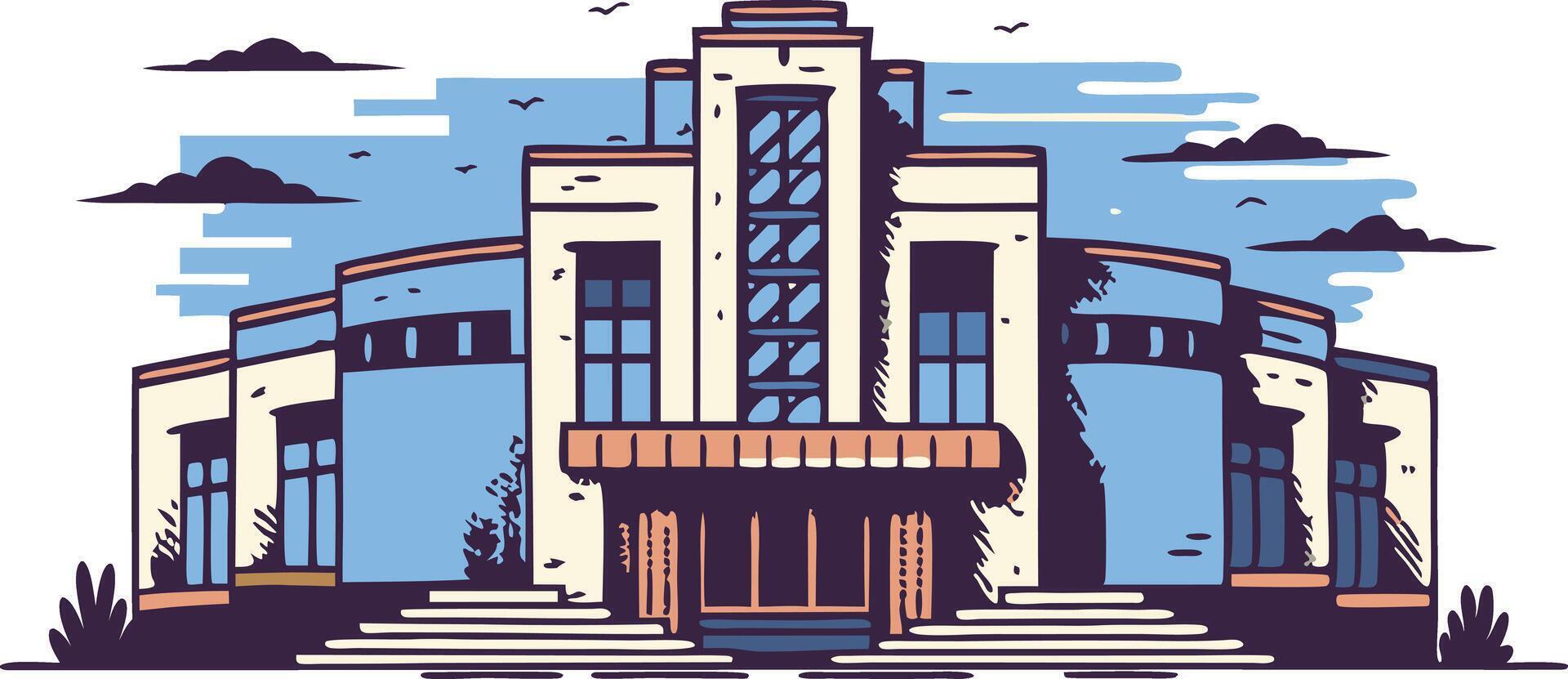 Stylish modern building illustration with decorative facade and steps vector