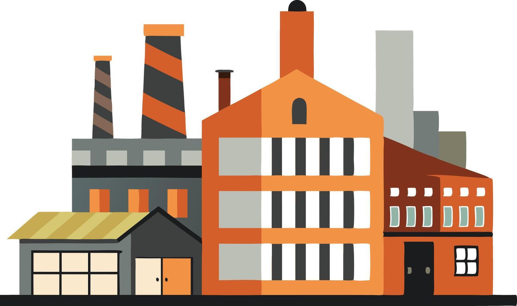 Colorful illustration of industrial buildings with smokestacks and factory structures vector