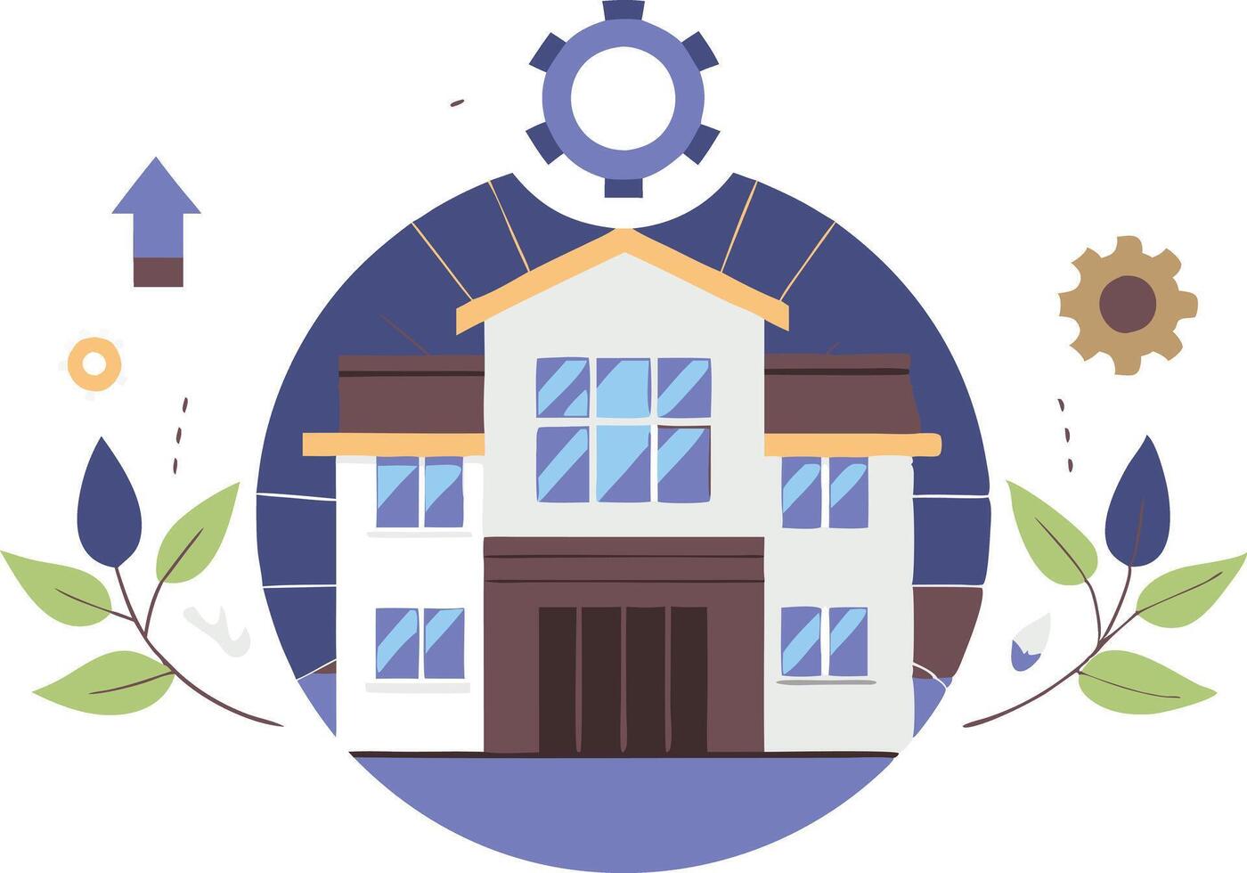 A modern house surrounded by gears and leaves representing innovation and sustainability in urban development vector