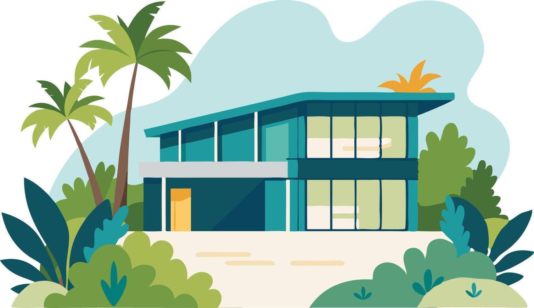 Modern illustration of a stylish home surrounded by tropical foliage vector