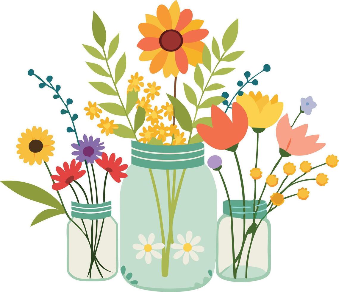 Colorful illustration of blooming flowers in jars vector