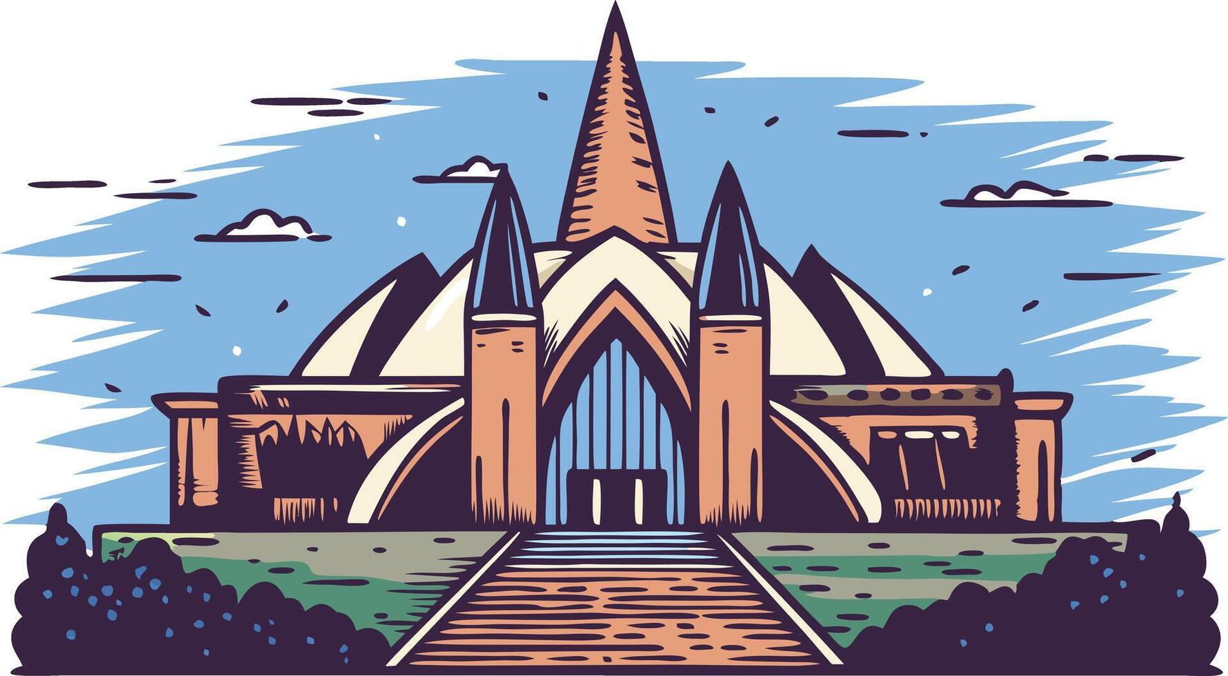 A magnificent image showing the intricate architecture and serene surroundings of a mosque. vector