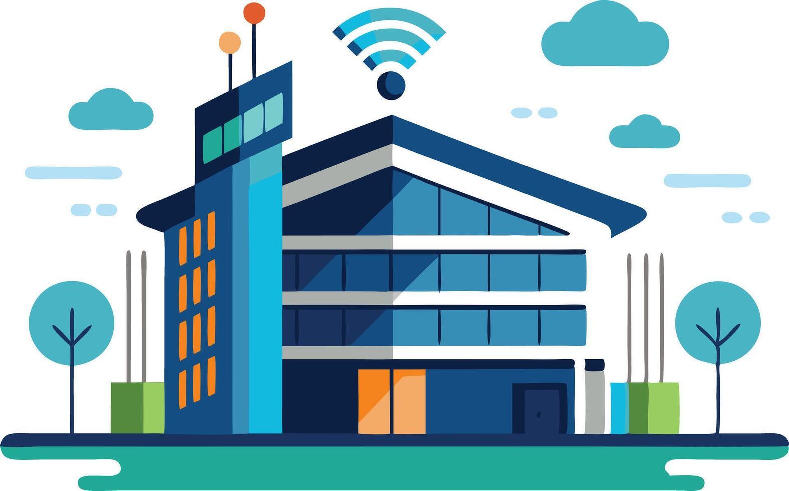An illustration of a modern building featuring a prominent Wi-Fi symbol, representing connectivity and technology. vector