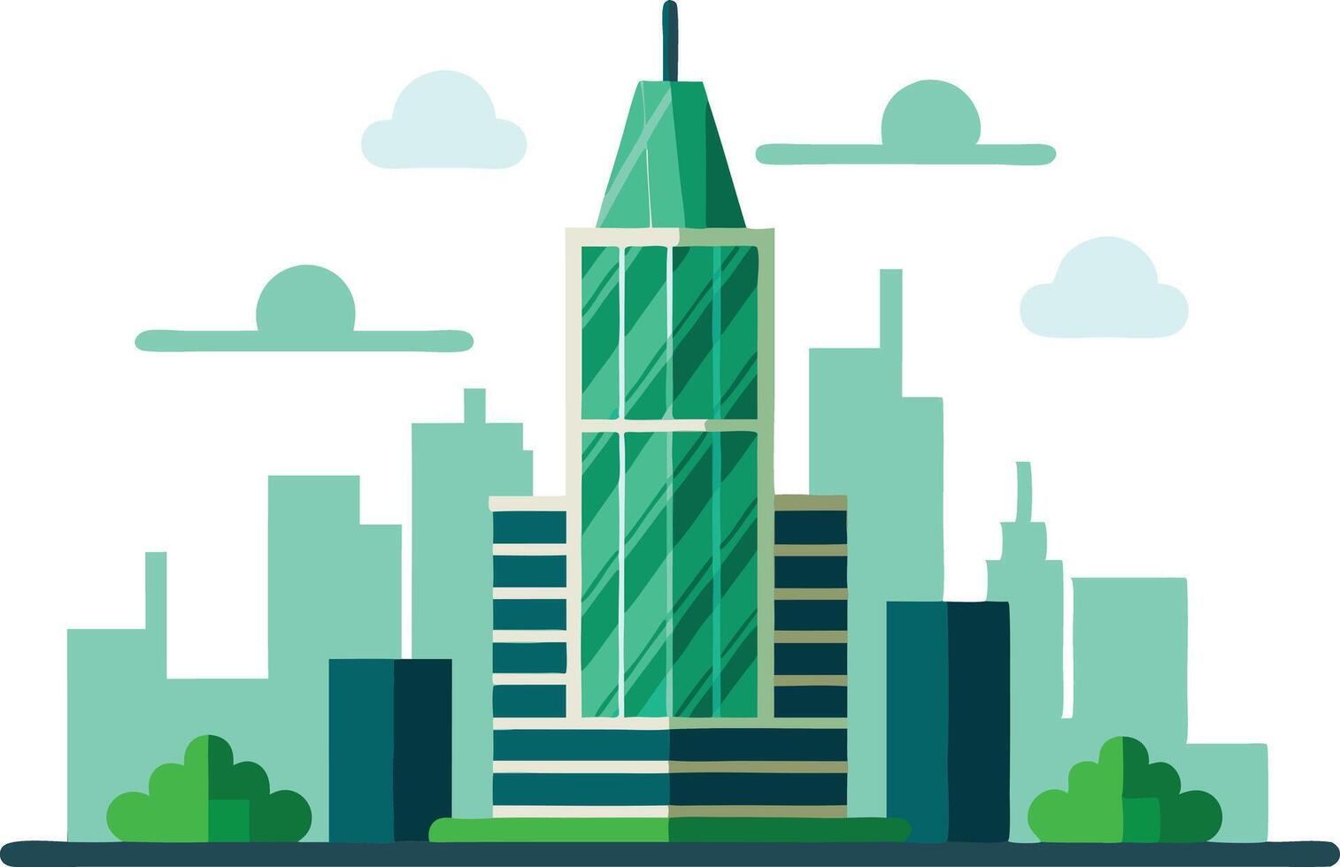Modern green skyscraper surrounded by urban buildings and clouds in a vibrant cityscape vector